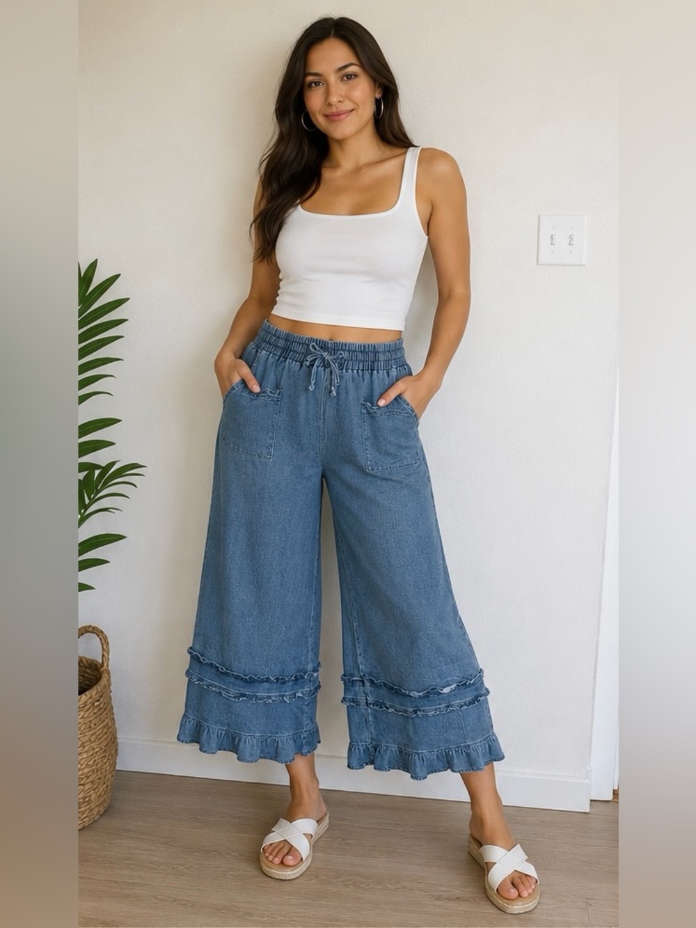 Easel Wide-Leg Boho Loose Fit Ruffle Hem Denim Pants in Blue NWT Cottagecore